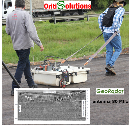 Dois funcionários da Oriti Solutions trabalhando em uma rodovia com o equipamento de georadar GPR